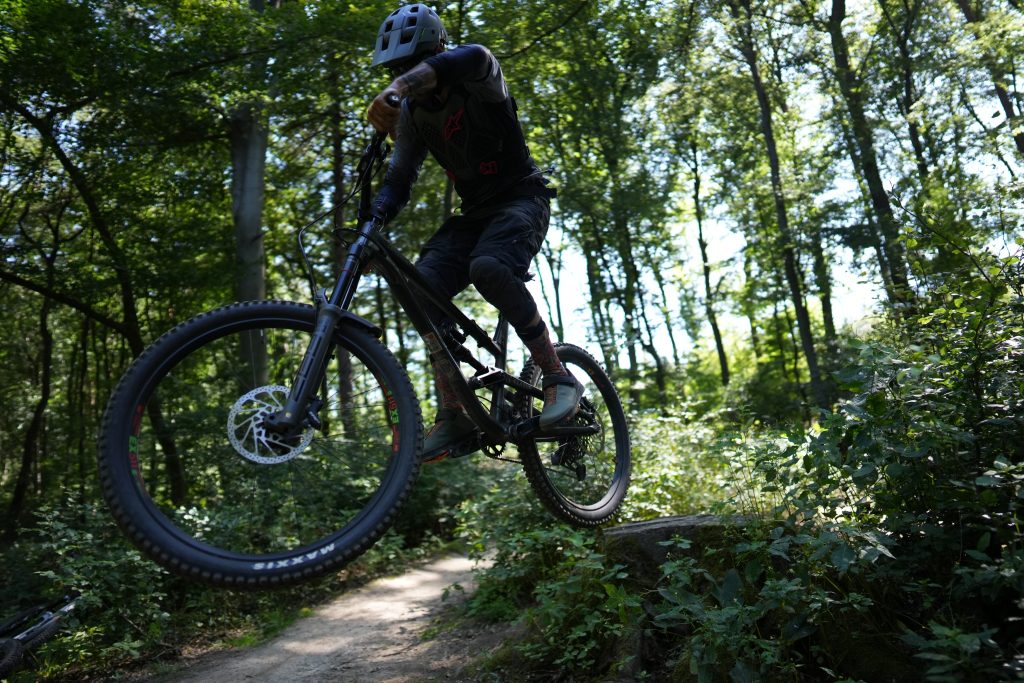 Sportfotografin Bonn: Mountainbiker springt mit dem Downhill-Bike über eine Kante im Wald